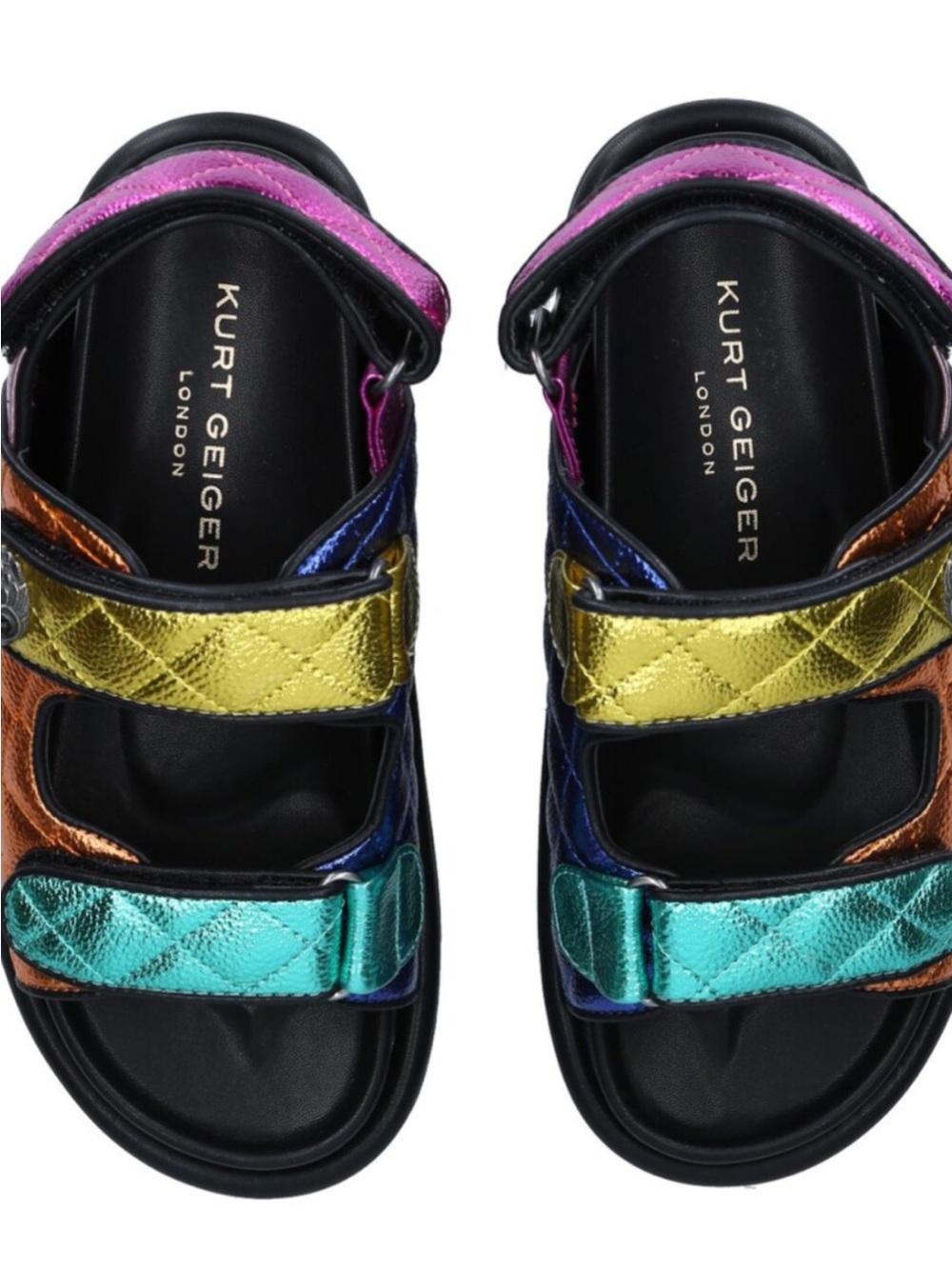 Kurt Geiger  Metallic Teal Gold Pink Multi-Color Velcro Sandals.